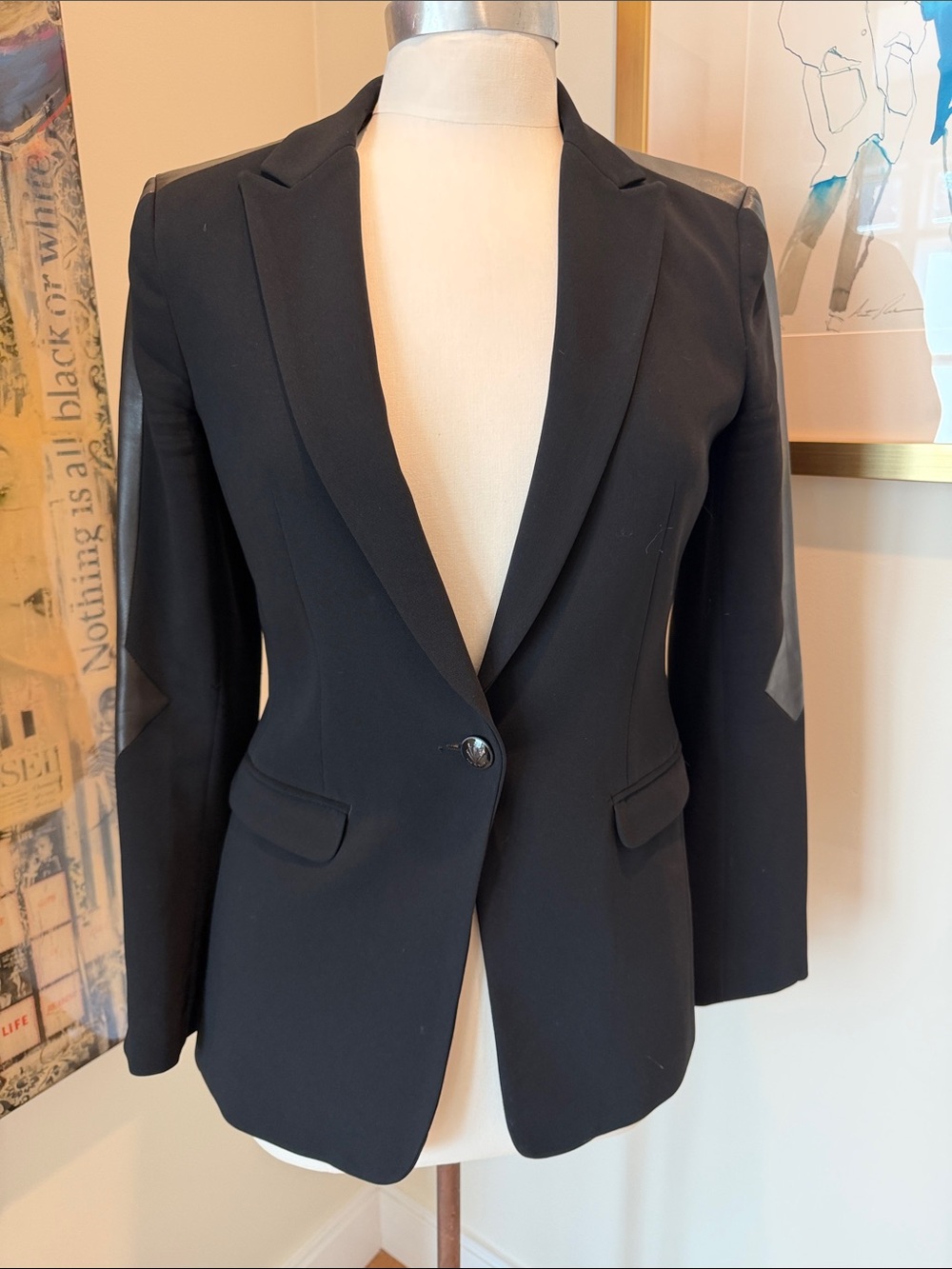rag & bone Black Single-Button Blazer with Leather Trim on Shoulder- Arm